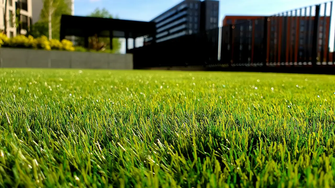 A freshly mown lawn meeting a trimmed garden hedge.