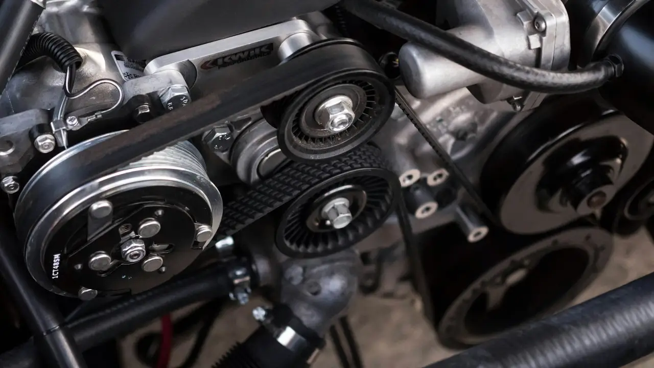 An open car engine bay in an auto workshop.