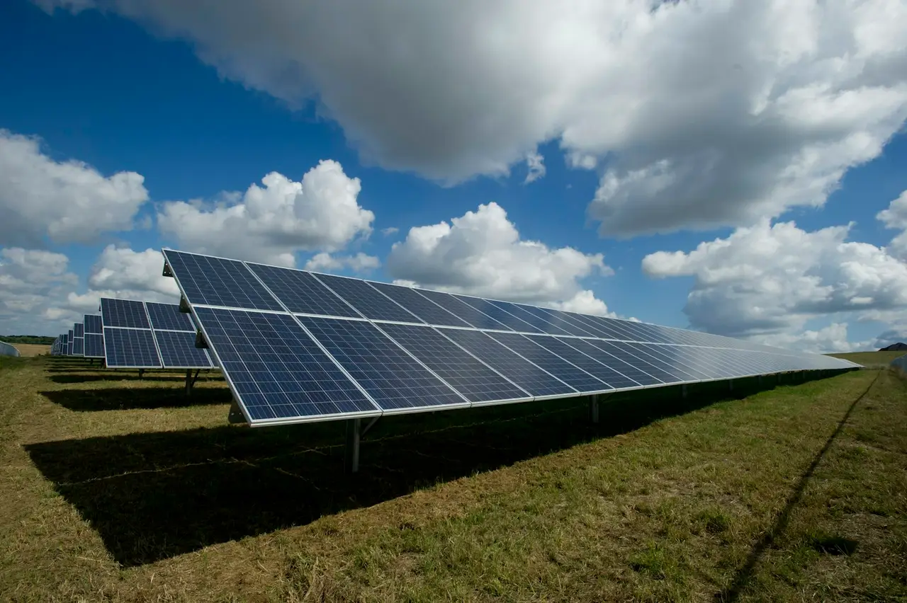 Rows of solar panels in a green field under a blue sky.